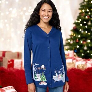 Quacker Factory Womens Christmas Cardigan Santa Claus Trees Sparkly Cute Medium